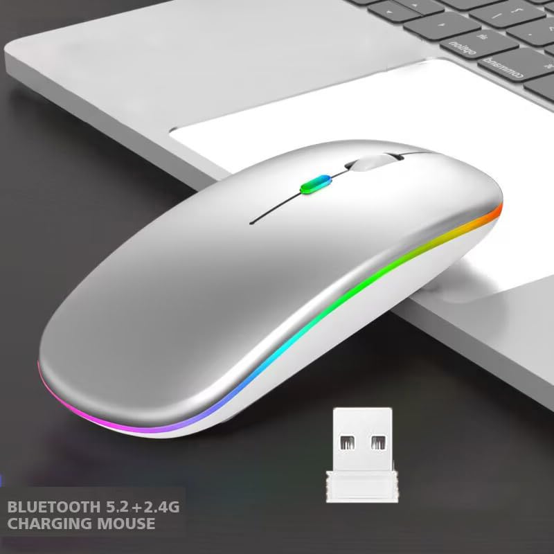 LED Wireless Mouse, Slim Silent Dual-Mode 2.4G+BT Rechargable 7-Color Portable Mobile Optical Office Mouse with USB Receiver, 3 Adjustable DPI Levels for Notebook, PC, Computer, MacBook (Silver) - color: silver