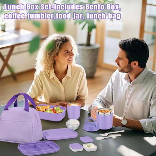 Large Bento Lunch Box Set for Adults Kids Women with 10.5oz Soup Thermo,Coffee Tumblers Men Girls Boys Teenagers Leak-Proof Lunch Food Containers with Lunch Bag - color: Purple