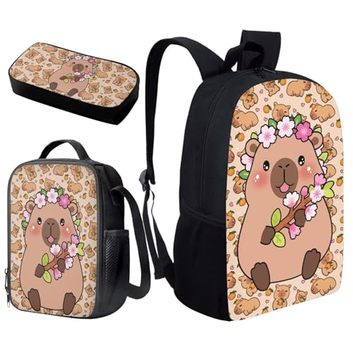 Cartoon Capybara 3 Piece Kids Backpack Set with Lunch Box Pencil Case Kids Backpack for Girls Portable Lunch Bag Multifunctional Pencil Case Gift for Girls Boys - color: Cartoon Capybara-a