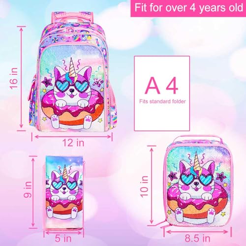 gxtvo 3PCS Girls Backpack, 16" Sequin Prechool Elementary Bookbag and Lunch Box - color: Upgraded Cat Pink
