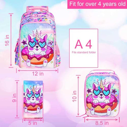 gxtvo 3PCS Girls Backpack, 16" Sequin Prechool Elementary Bookbag and Lunch Box - color: Upgraded Cat Pink