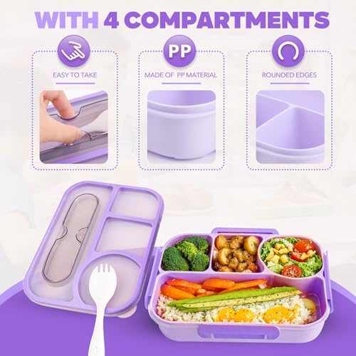EASYFUN Bento Box Adult, Lunch Box, 4-Compartment Lunch Containers, Drop-Proof, Dishwasher Safe & Made with BPA-Free Materials (Purple) - color: Purple