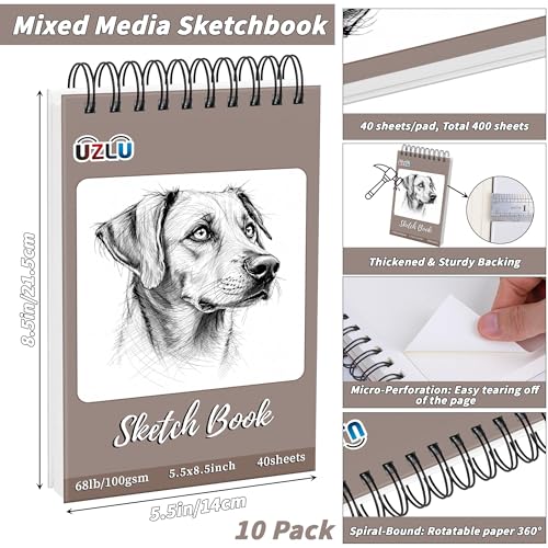 10 Pcs Sketch Books Bulk 5.5 x 8.5 in 400 Sheets Top Spiral Bound Sketch Pad Drawing Paper 40 Sheets Each Acid Free Mixed Media Sketchbook 68lb/100gsm Art Supplies for Beginner Artist - size: 5.5x8.5in, style: 10 Pack-Total 400 sheets