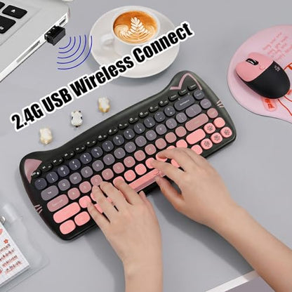 Cute Cat 2.4G USB Wireless Keyboard and Mouse Combo, Silent Keys, Candy Colors, Compatible with Notebook, PC (BlackPink-84Keys) - color: BlackPink-84Keys