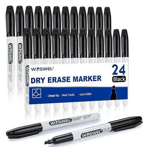 WOSWEL Dry Erase Markers,24 Pack Black Chisel Tip Whiteboard Markers, Chisel Point Low Odor Dry Erase Marker for School Office and Home
