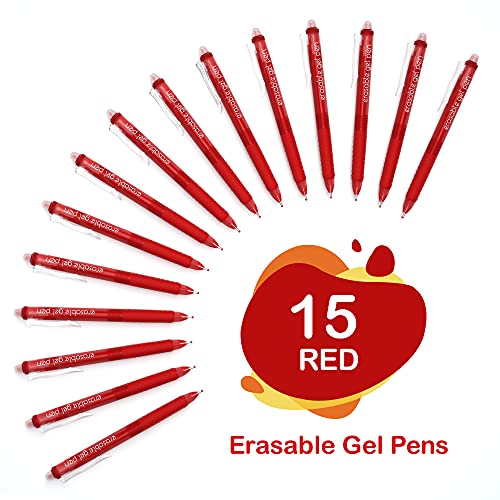 Lineon Erasable Gel Pens, 15 Pack Red Retractable Erasable Pens Clicker, Fine Point, Make Mistakes Disappear, Red Ink for for School & Office - color: 15 Pack Red