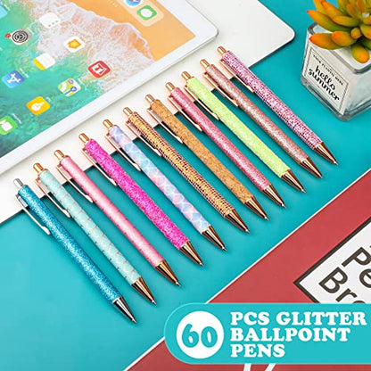 Handepo 60 Pcs Fancy Glitter Pens Bulk Cute Pretty Ballpoint Pens for Women Rhinestones Metal Retractable Pen Black Ink Medium Point 1.0 mm for Writing Business Office School Supplies Gift