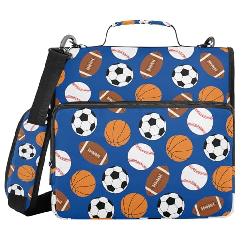 Sports Football Baseball Pattern 3 Ring Zipper Binder with Shoulder Strap & Handle 2 Inch D-Ring Zippered Binder Bag with Multiple Pocket & Pencil Pouch, Binder Organizer for School or Office - color: Sports Football Baseball