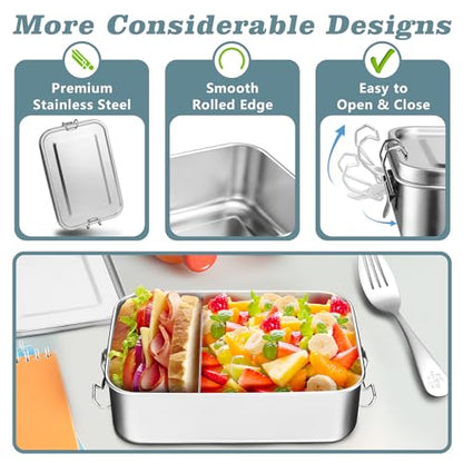 TeamFar Stainless Steel Bento Box, 3 Pack (16, 28 & 47oz) Metal Lunch Box with 3 Compartments for Adults Kids, Lunch Food Containers for School/Work/Meal Prep, Leak-Proof, 550ML+850ml+1400ML