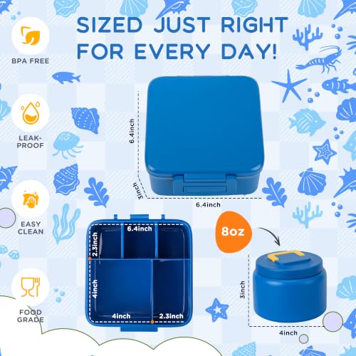Bento Lunch Box for Kids with 8oz Thermo Containers for School,Camping | Vacuum Insulated Food Jar,Leakproof Silicone-Seal,5 Compartments with Dividers,Dishwasher & Refrigerator Safe,BPA-Free - color: Blue