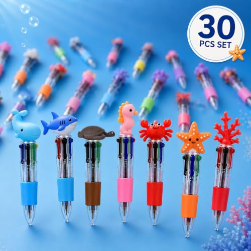 30PCS Ocean Animal Multicolor Pens, 4 Color Ballpoint Pens Bulk, Retractable Novelty Pens with Whale Shark Turtle Sea Creature Toppers, Cute Writing Pens for Journaling, Office Supplies, Planner - style: Sea Animals