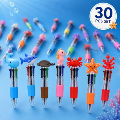 30PCS Ocean Animal Multicolor Pens, 4 Color Ballpoint Pens Bulk, Retractable Novelty Pens with Whale Shark Turtle Sea Creature Toppers, Cute Writing Pens for Journaling, Office Supplies, Planner - style: Sea Animals