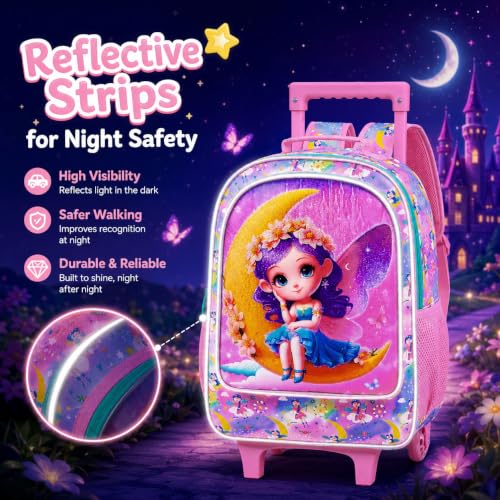 gxtvo Girls Rolling Backpack, Cute Moon Fairy Roller Wheels Kids Bookbag - Wheeled Elementary School Bag - 3PCS Moon Fairy - color: Moon Fairy With Purple Hair Rolling Backpack