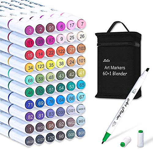 Lelix 61 Colors Alcohol Art Markers, 60 Colors Plus 1 Blender Dual Tip Permanent Marker Pens Highlighters Perfect for Kids Adults Artist Drawing Sketching Card Making & Coloring Books - color: 61 Colors