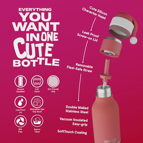 asobu Bestie Bottle Insulated Stainless Steel Water Bottle with Detachable Soft Animal Head Fun Drinking For Kids and Teens with Flexible Reusable Straw 16 Ounce (Santa) - color: SANTA