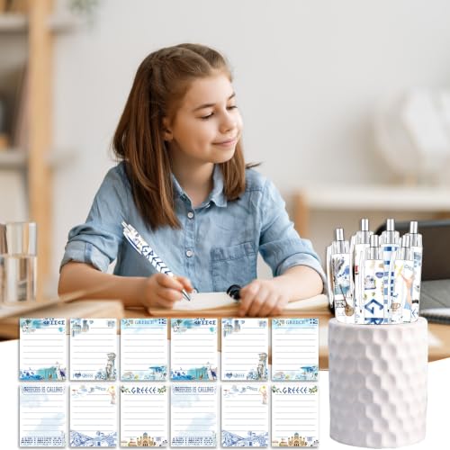 Wxiben Greece Sticky Notes with Pens - 24 Pcs Greece Souvenirs Gifts City Travel Notepads Ballpoint Pens Set Greek Civilization Notes Black Ink Pen for Home Traveler Study Office School Party Favor - color: Greece