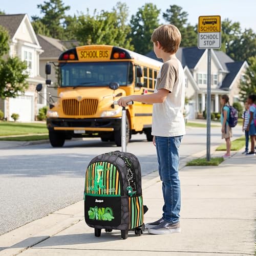 Kids Rolling Backpack for Boys 16.5" School Roller Backpack with Lunch Box, Toddler Backpacks with Wheels Rollig Wheeled Backpacks for Elementary School - color: Green Dinosaur