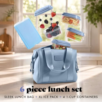 Fit & Fresh Remi Lunch Bag for Women Work – Neoprene Lunch Tote with Containers & Ice Pack, Reusable Meal Prep Lunch Box, Large Capacity, Machine Washable, Slate - color: Blue