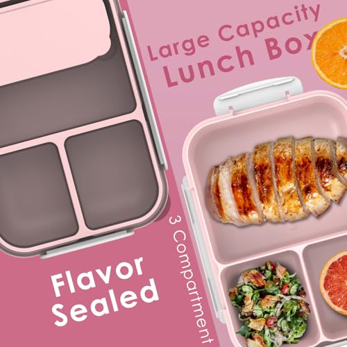 WHALEHOUSE Large Capacity Bento Box for Adult, 1700ML 3 Compartments Lunch Box with Utensil, Airtight Food Container with Lids for Meal Prep, Microwave/Dishwasher/Freezer Safe, On the Go (Pink) - color: 1700mL-Pink