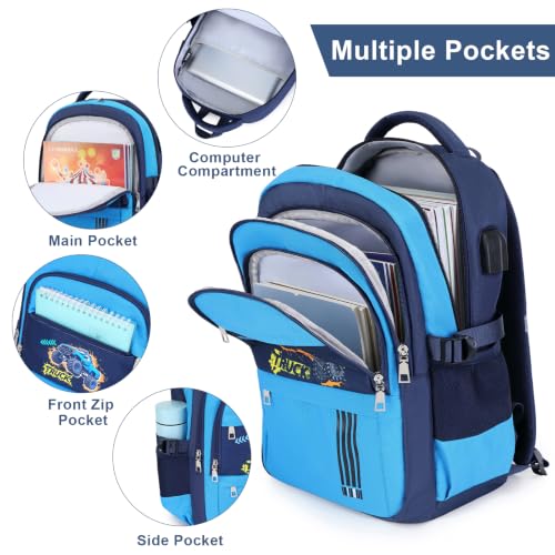 ACESAK Boys Backpack - Off-road Vehicle Bento Box with Insulated Lunch Bag Pencil Case & Utensils Set for Kids, 6 Leakproof Compartments Removable Tray Lunches or Snack Container - color: Blue Vehicle