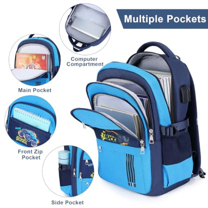 ACESAK Boys Backpack - Off-road Vehicle Bento Box with Insulated Lunch Bag Pencil Case & Utensils Set for Kids, 6 Leakproof Compartments Removable Tray Lunches or Snack Container - color: Blue Vehicle