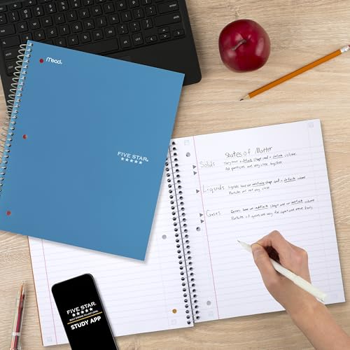 Five Star Spiral Notebook + Study App, 5 Subject, Wide Ruled Paper, 8" x 10-1/2", 200 Sheets, Fights Ink Bleed, Water Resistant Cover, Tidewater Blue (73196) - color: Blue, size: 8" x 10.5" (Pack of 1)