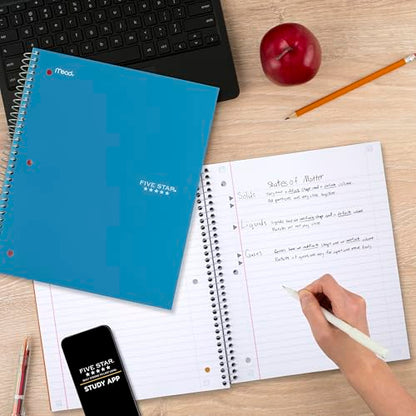 Five Star Spiral Notebook + Study App, 5 Subject, Wide Ruled Paper, 8" x 10-1/2", 200 Sheets, Fights Ink Bleed, Water Resistant Cover, Tidewater Blue (73196) (Pack of 6) - color: Blue, size: 8" x 10.5" (Pack of 6)