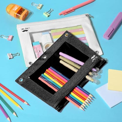 Mr. Pen- Pencil Pouch for 3 Ring Binder, 2 Pack, 10"x6.75", Smooth Zipper | Clear Window, Large Capacity Pencil Case with 3 Reinforced Grommets for School, Office, Supplies Storage | Clear Window, Large Capacity Pencil Case with 3 Reinforced Grommets for
