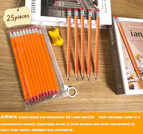 Adhere 25pcs Woodcase Pencils with Eraser Premium Pre-Sharpened Hexagon Graphite 2B pencils ideal for home, office writing including a Free Sharpener (Orange・25pcs) - color: Orange・25pcs