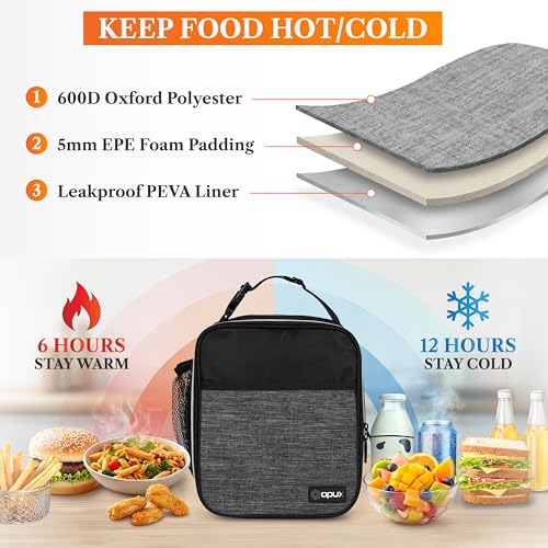 opux Insulated Lunch Bag for Kids Boys Girls, Small Compact Lunch Box with Wide Opening & Mesh Pockets, Reusable Lunch Pail for School, Work, Adults, Men, Women, Charcoal Grey - color: Heather Charcoal
