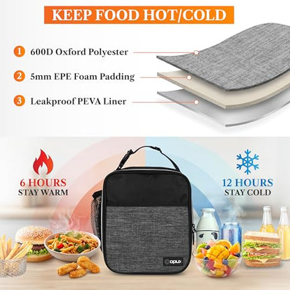 opux Insulated Lunch Bag for Kids Boys Girls, Small Compact Lunch Box with Wide Opening & Mesh Pockets, Reusable Lunch Pail for School, Work, Adults, Men, Women, Charcoal Grey - color: Heather Charcoal