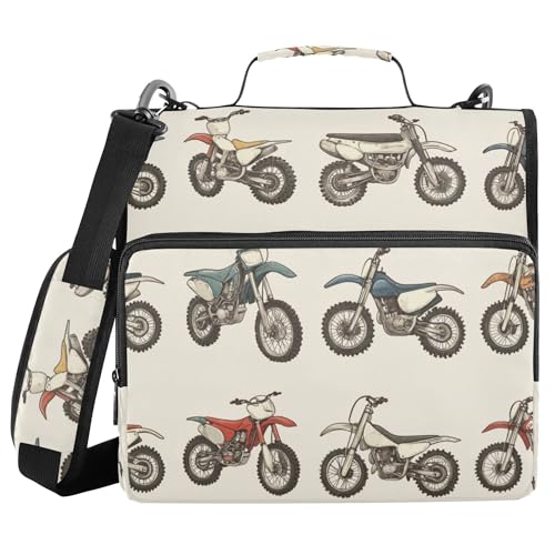 Fisyme Vintage Dirt Bikes Zipper Binder 3 Ring with Zipper and Shoulder Strap Large Capacity Multi-Pocket Binder Organizer - color: Multi-cute Retro