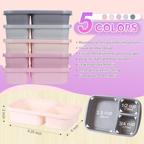 Honeydak 5 Pack Snack Containers 3 Compartment Bento Snack Boxes Divided Meal Prep Containers with Lids Reusable Adults Lunch Food Storage Box for School Work Travel(Creamy Pink Gray) - color: Creamy Pink Gray
