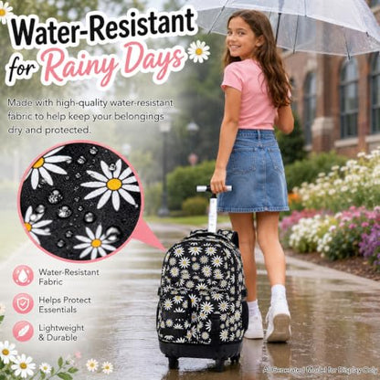 CCJPX Rolling Backpack for Girls, 3Pcs Roller Wheeled School Bookbag, Daisy Wheels Backpacks with Lunch Box for Kids (Black) - color: Daisy Black