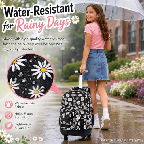 CCJPX Rolling Backpack for Girls, 3Pcs Roller Wheeled School Bookbag, Daisy Wheels Backpacks with Lunch Box for Kids (Black) - color: Daisy Black