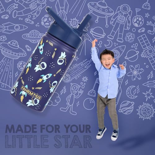 FAHRMOSIS 14 OZ Kids Water Bottle with Straw & 2 Lids (Flip & Spout) Leak Proof Metal Insulated Stainless Steel Reusable Tumbler for School & Sports Water Bottle - Black (Space) - color: Black(Space), style: Water Bottle - 14 OZ