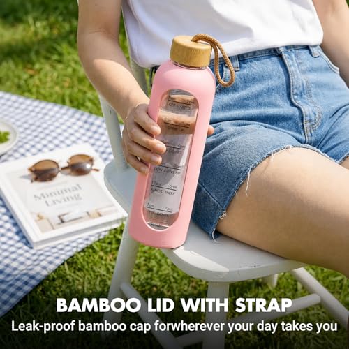 32 OZ Glass Water Bottles, Borosilicate Glass Bottle with Time Marker, 1 Liter Leak Proof Reusable BPA Free Motivational Water Bottles with Silicone Sleeve and Bamboo Lid (Pink) - color: Pink