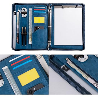 Dark Blue Embossed Portfolio,Business Zipper Binder with Handle,3 Ring Binder with Zipper 1 inch,PU Leather Portfolio,A4 Planner Folder with Laptop Pocket, Professional Organizer for Resume/Interview