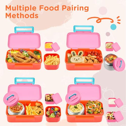 MAISON HUIS Bento Box for Kids with 8oz Soup Thermo, Insulated Lunch Bag & 17oz Water Bottle, 2-Compartment Bento Box with Built-In Ice Pack, Leak-Proof & BPA-Free (Pink) - color: Pink