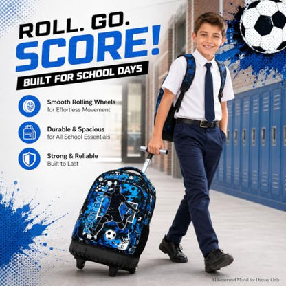 gxtvo Kids Rolling Backpack for Boys, Men Wheeled Bookbag with Lunch Box for Adults, Water Resistant Roller School Bag for College Teens Kids Travel - Blue Soccer - color: Rolling Backpack Shot Football Blue