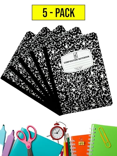 Composition Notebooks 5-Pack College Ruled 200 Pages (100 Sheets) 9.75" x 7.5" Classic Black & White Marble Cover Durable Hardcover Stitched Binding Ideal for School College Office or Journaling