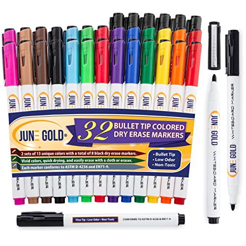 June Gold 32 Color Dry Erase Whiteboard Markers, Fine/Bullet Tip, 13 Colors | 2 sets of 13 Colors With 8 Black Markers, Low Odor, Slim Barrel & Vivid Lines - color: 32 Colored Bullet Tip Markers
