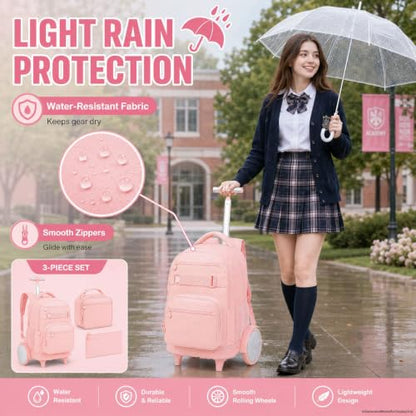 3Pcs Large Rolling Backpack for Teen Girls Women, 20 Inch Detachable Wheeled Bookbag with Lunch Box, Durable Oxford Cloth Roller Backpack for College School Travel (Pink) - color: Large Wheels Classic Pink