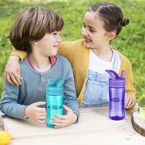 14oz Clear Kids Water Bottle with Straw Lid, BPA-Free Tritan, Measurement Scale, Sturdy Handle Wide Mouth Leak-proof Reusable Plastic Bottle for Boy& Girls, Back to School(Dark Purple) - color: Dark Purple