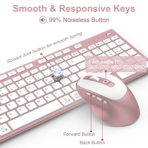 FENIFOX Wireless Keyboard and Mouse, Rechargeable USB C Combo Silent Quiet Compact Full Size Flat with Number Pad Soft Cover for Mac MacBook iMac Windows PC Laptop Computer Office - Pink & Rose Gold - color: Pink Rose Gold