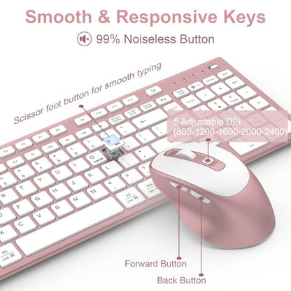 FENIFOX Wireless Keyboard and Mouse, Rechargeable USB C Combo Silent Quiet Compact Full Size Flat with Number Pad Soft Cover for Mac MacBook iMac Windows PC Laptop Computer Office - Pink & Rose Gold - color: Pink Rose Gold