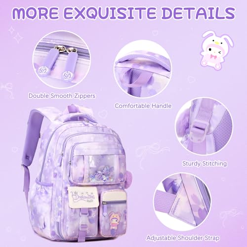 Jafeton Backpacks for Girls, Girls Backpack with Insulated Lunch Bag and Pencil Case for Kids Teens Elementary Middle High School Student, Cute Bow School Bag Travel Daypacks Book Bag Set - color: Purple