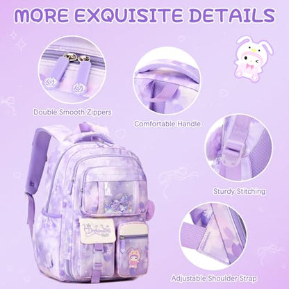 Jafeton Backpacks for Girls, Girls Backpack with Insulated Lunch Bag and Pencil Case for Kids Teens Elementary Middle High School Student, Cute Bow School Bag Travel Daypacks Book Bag Set - color: Purple