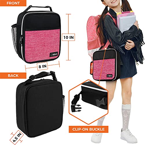 opux Insulated Lunch Bag for Kids Girls, Small Compact Lunch Box with Wide Opening & Mesh Pockets, Reusable Lunch Pail for School, Work, Adults, Women, Heather Pink - color: Heather Pink