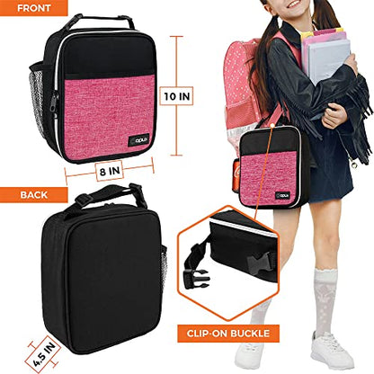 opux Insulated Lunch Bag for Kids Girls, Small Compact Lunch Box with Wide Opening & Mesh Pockets, Reusable Lunch Pail for School, Work, Adults, Women, Heather Pink - color: Heather Pink
